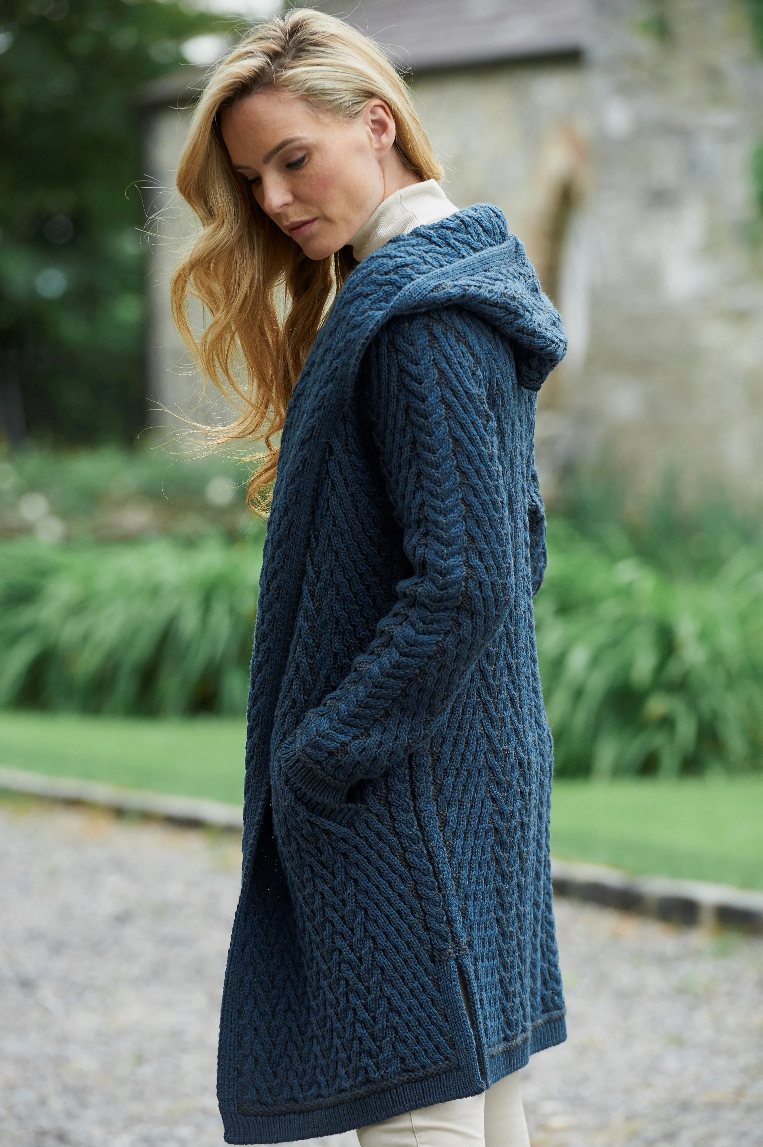 Shawl Hooded Aran Cardigan | Mallard