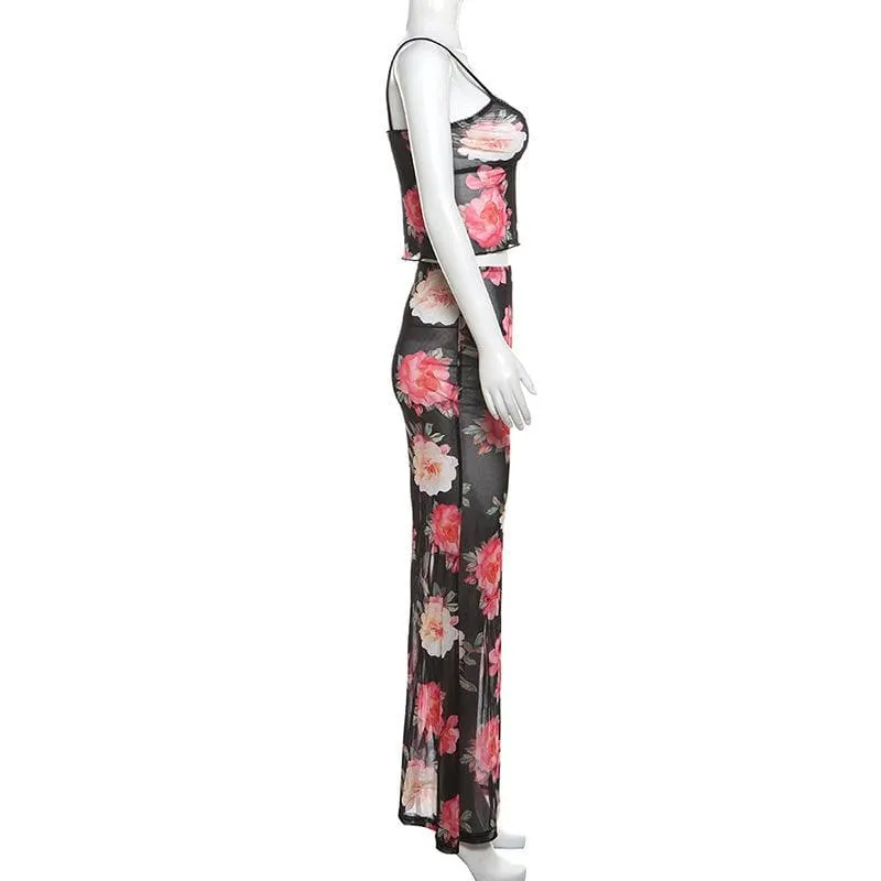 Sheer mesh flower print ruffle v neck cami skirt set