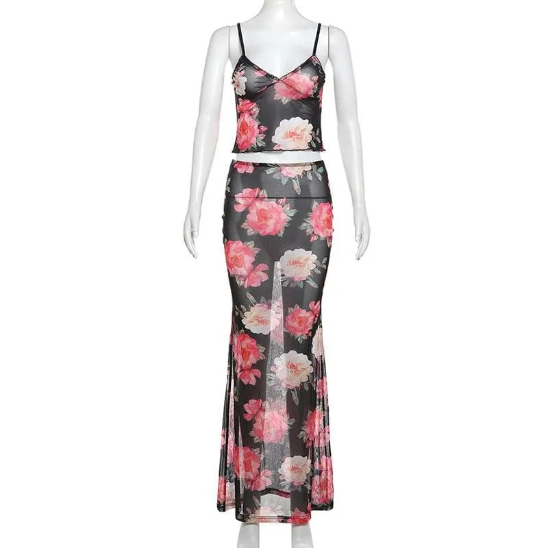 Sheer mesh flower print ruffle v neck cami skirt set