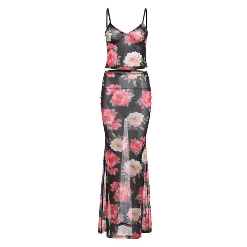 Sheer mesh flower print ruffle v neck cami skirt set