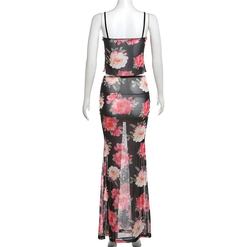 Sheer mesh flower print ruffle v neck cami skirt set