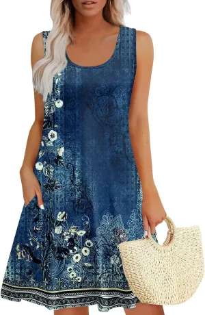 Short Dress for Women Spring Sundress Beach Dresses Sleeveless Tank Dress Cover Up Aline Summer Dress with Pocket