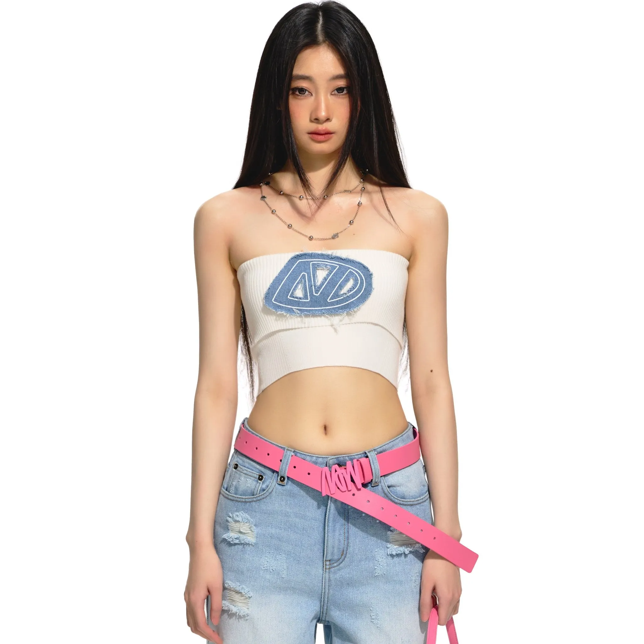 Short Knitted Denim Bustier Camisole White