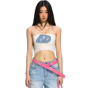 Short Knitted Denim Bustier Camisole White