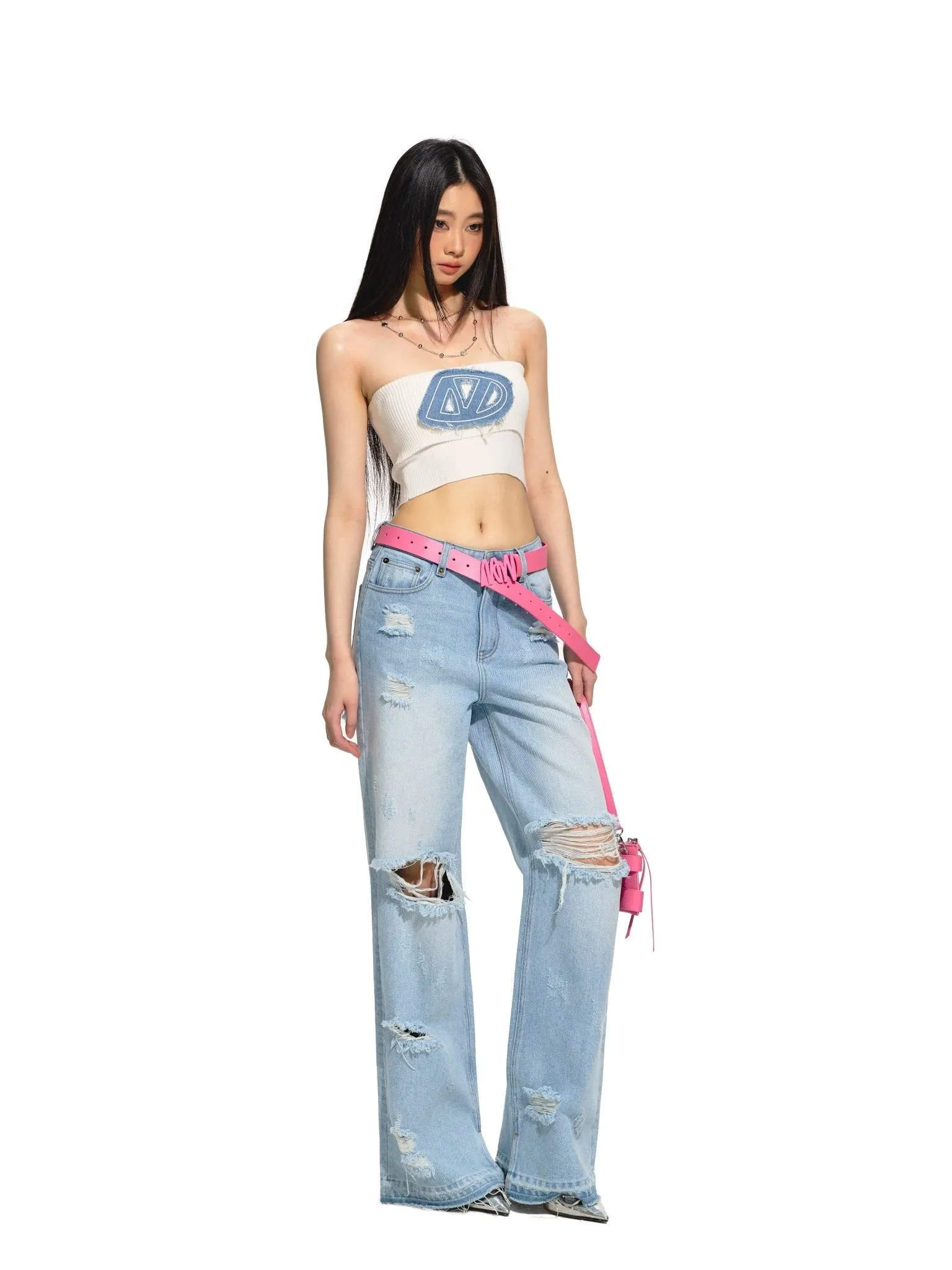 Short Knitted Denim Bustier Camisole White