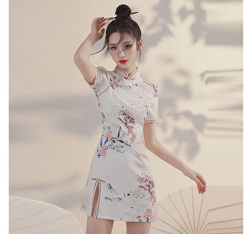 Short-Sleeve Crane Mini Qipao