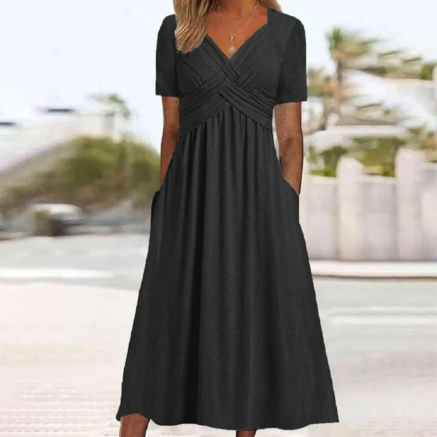 Short Sleeve Dress for Women with Pockets Casual Summer Wrap V Neck Short Sleeve Flowy Vacation Beach Midi Dress