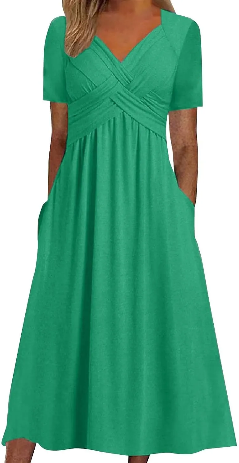 Short Sleeve Dress for Women with Pockets Casual Summer Wrap V Neck Short Sleeve Flowy Vacation Beach Midi Dress