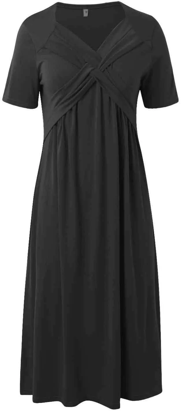 Short Sleeve Dress for Women with Pockets Casual Summer Wrap V Neck Short Sleeve Flowy Vacation Beach Midi Dress