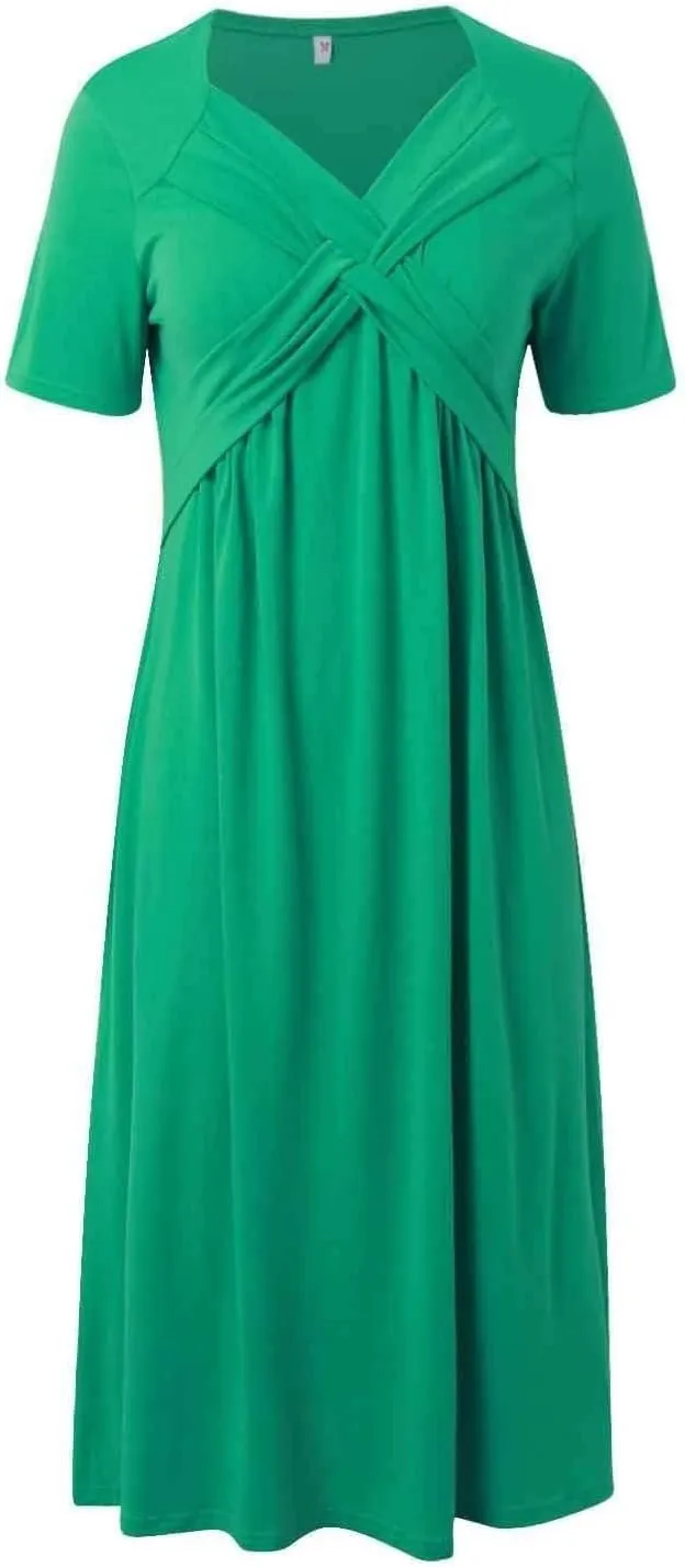 Short Sleeve Dress for Women with Pockets Casual Summer Wrap V Neck Short Sleeve Flowy Vacation Beach Midi Dress
