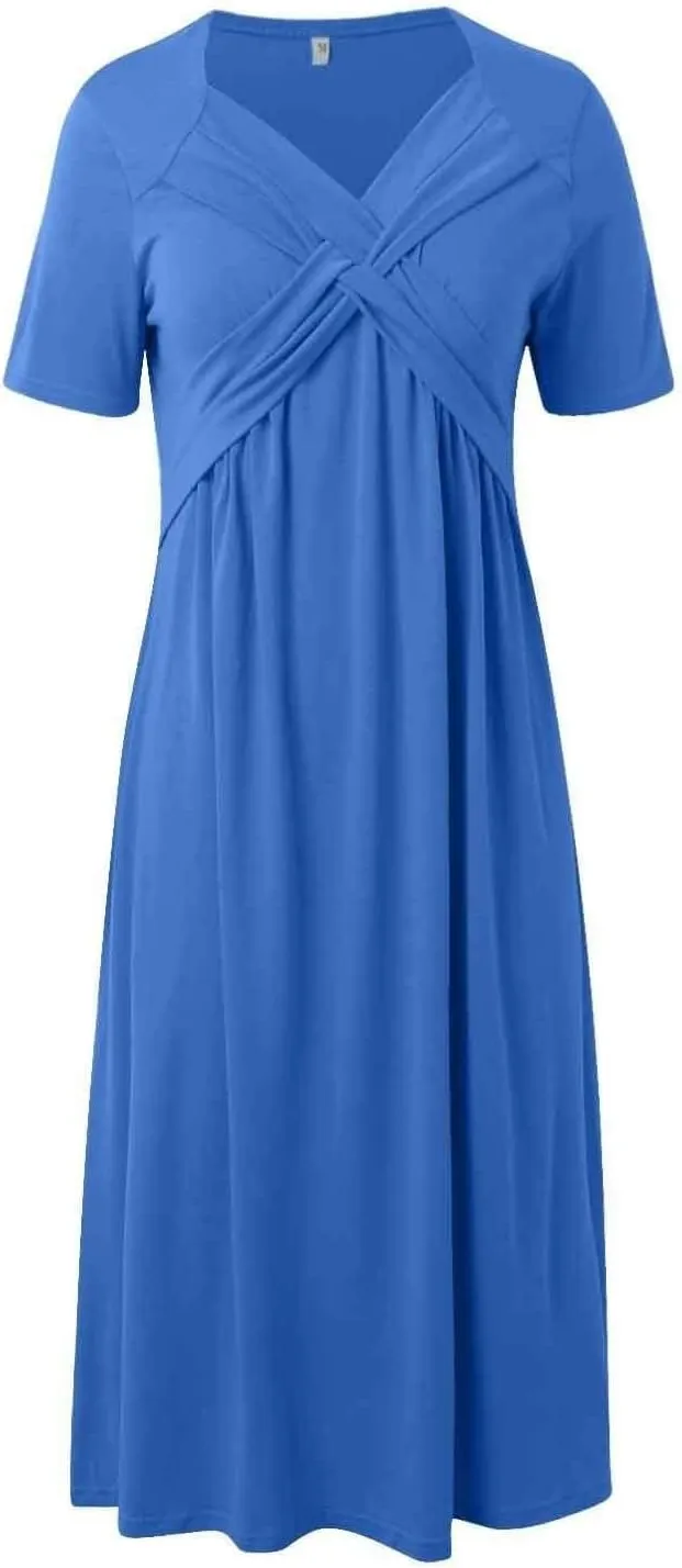 Short Sleeve Dress for Women with Pockets Casual Summer Wrap V Neck Short Sleeve Flowy Vacation Beach Midi Dress