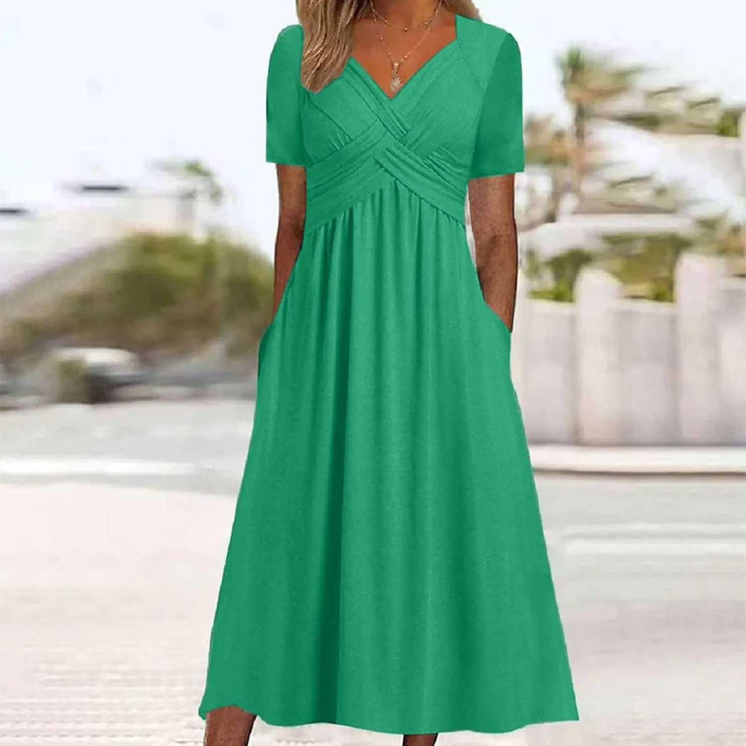 Short Sleeve Dress for Women with Pockets Casual Summer Wrap V Neck Short Sleeve Flowy Vacation Beach Midi Dress