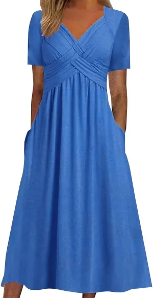 Short Sleeve Dress for Women with Pockets Casual Summer Wrap V Neck Short Sleeve Flowy Vacation Beach Midi Dress