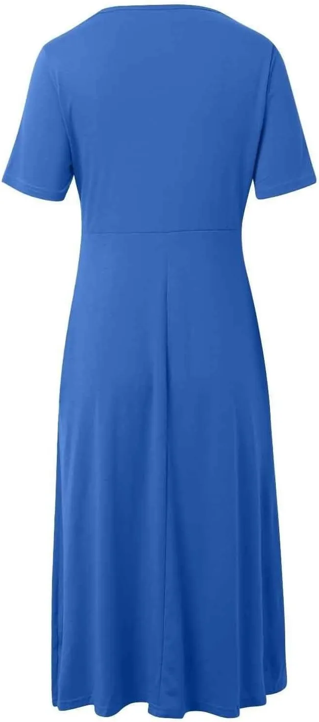 Short Sleeve Dress for Women with Pockets Casual Summer Wrap V Neck Short Sleeve Flowy Vacation Beach Midi Dress