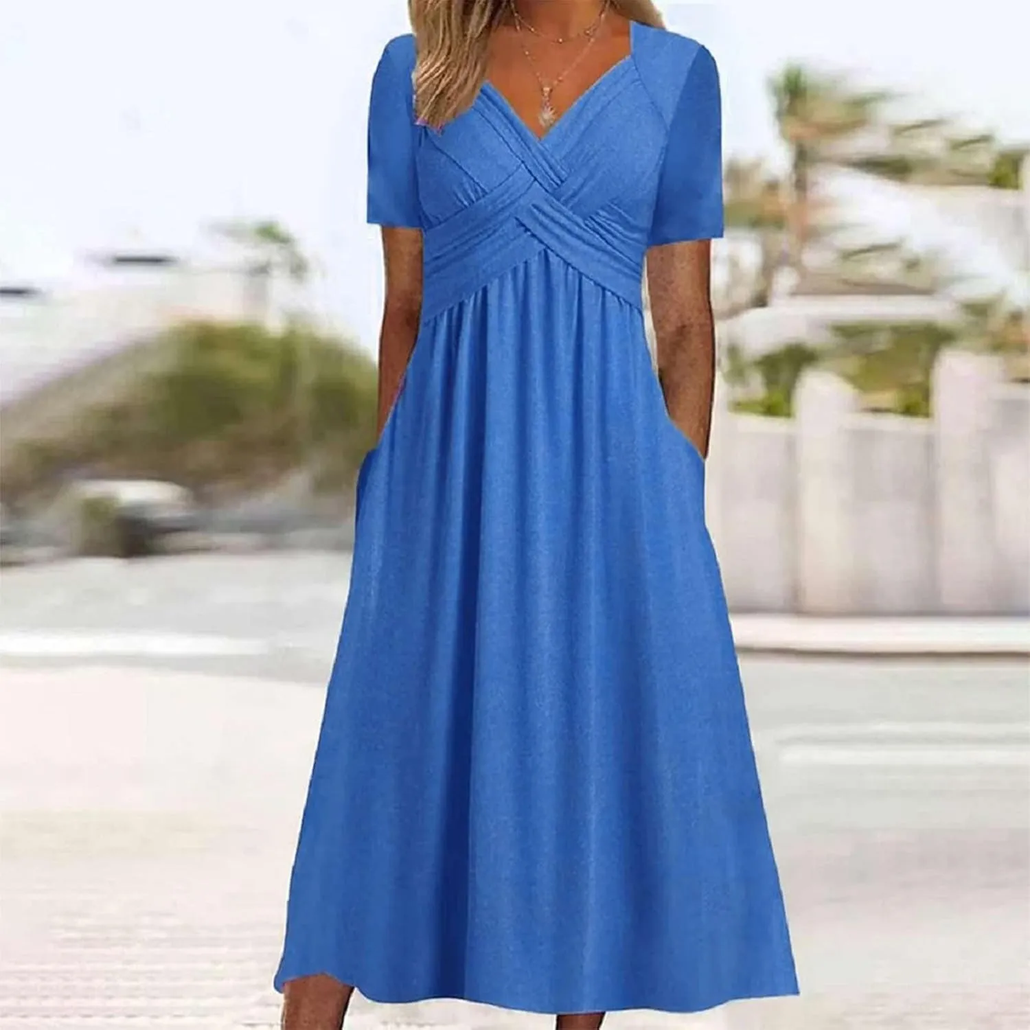 Short Sleeve Dress for Women with Pockets Casual Summer Wrap V Neck Short Sleeve Flowy Vacation Beach Midi Dress