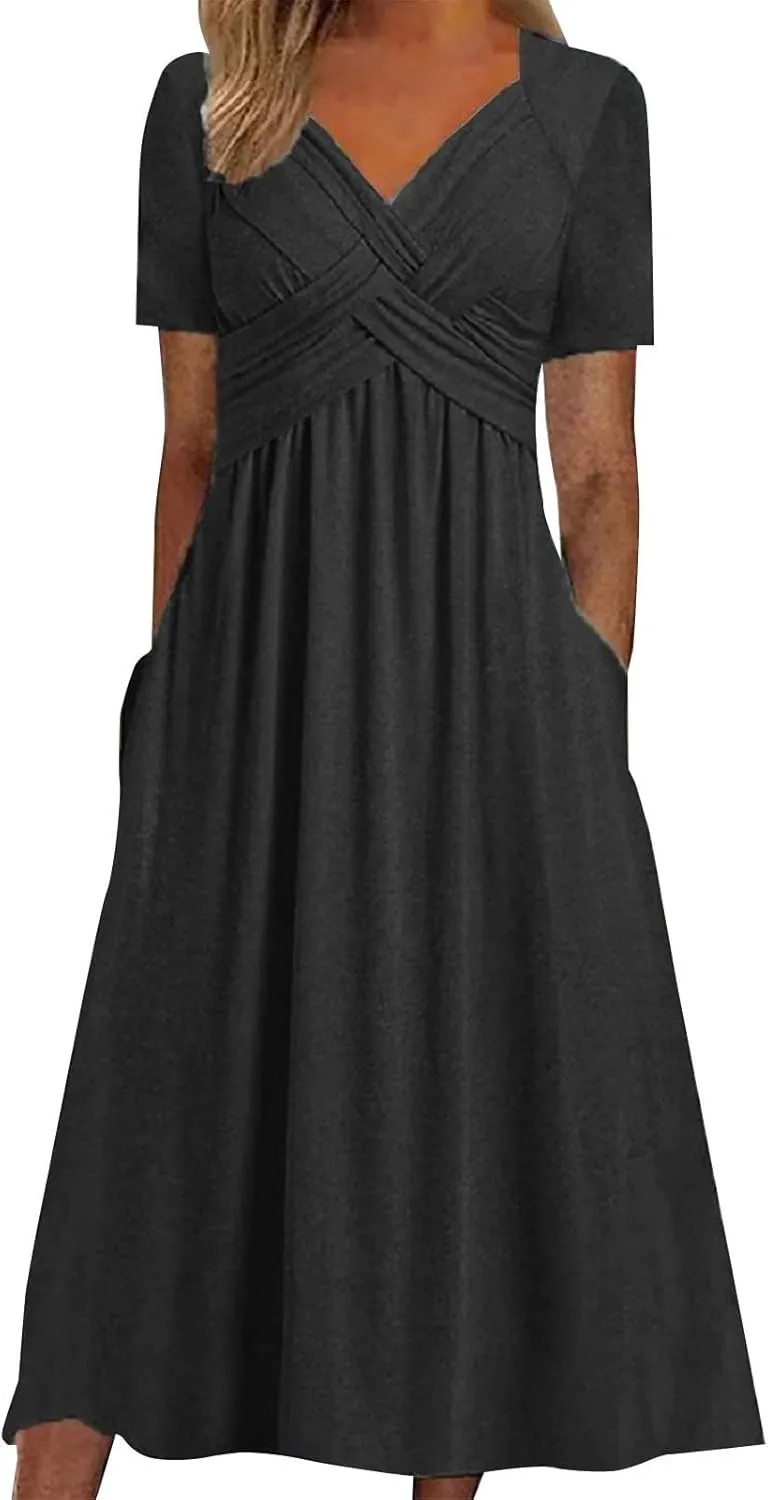 Short Sleeve Dress for Women with Pockets Casual Summer Wrap V Neck Short Sleeve Flowy Vacation Beach Midi Dress