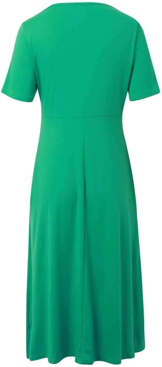 Short Sleeve Dress for Women with Pockets Casual Summer Wrap V Neck Short Sleeve Flowy Vacation Beach Midi Dress