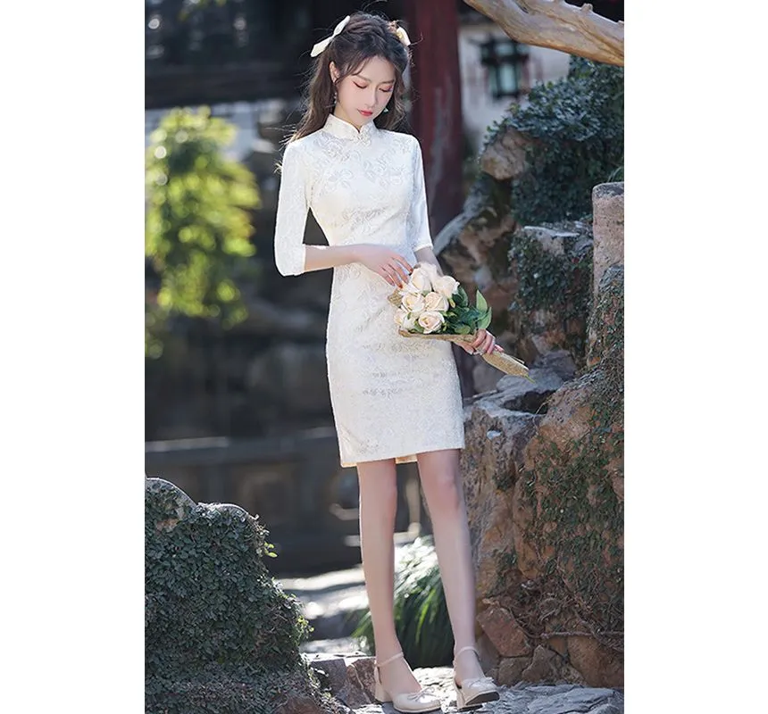 Short-Sleeve Floral Mini Qipao