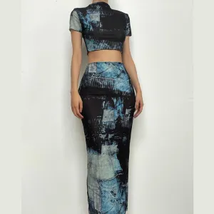 Short sleeve high neck contrast print maxi skirt set