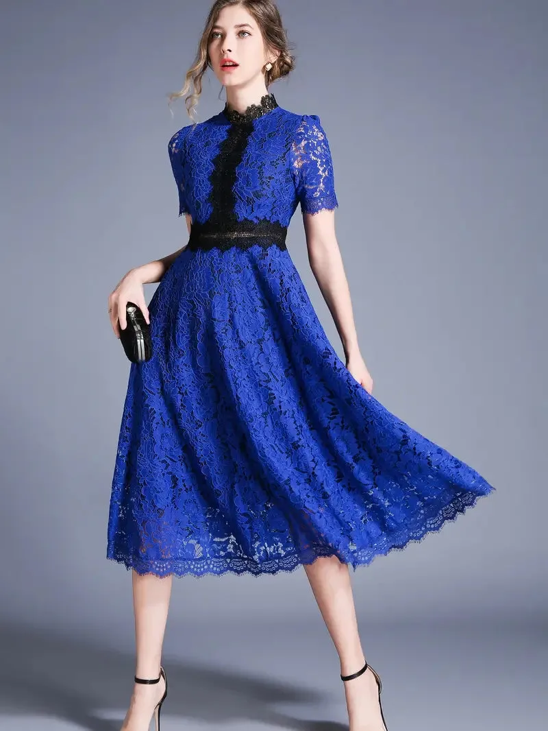 Short Sleeve Mock Neck Burgundy Lace Dress