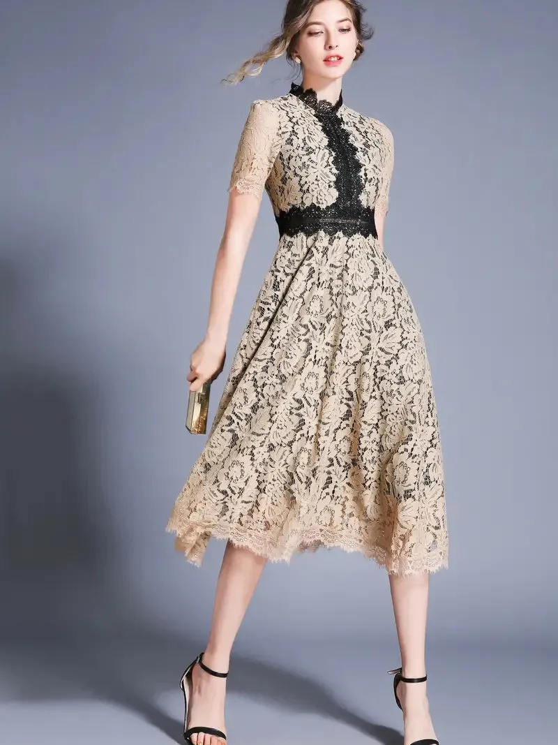 Short Sleeve Mock Neck Burgundy Lace Dress