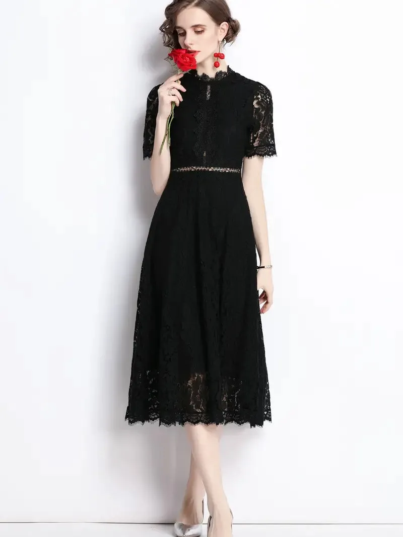Short Sleeve Mock Neck Burgundy Lace Dress