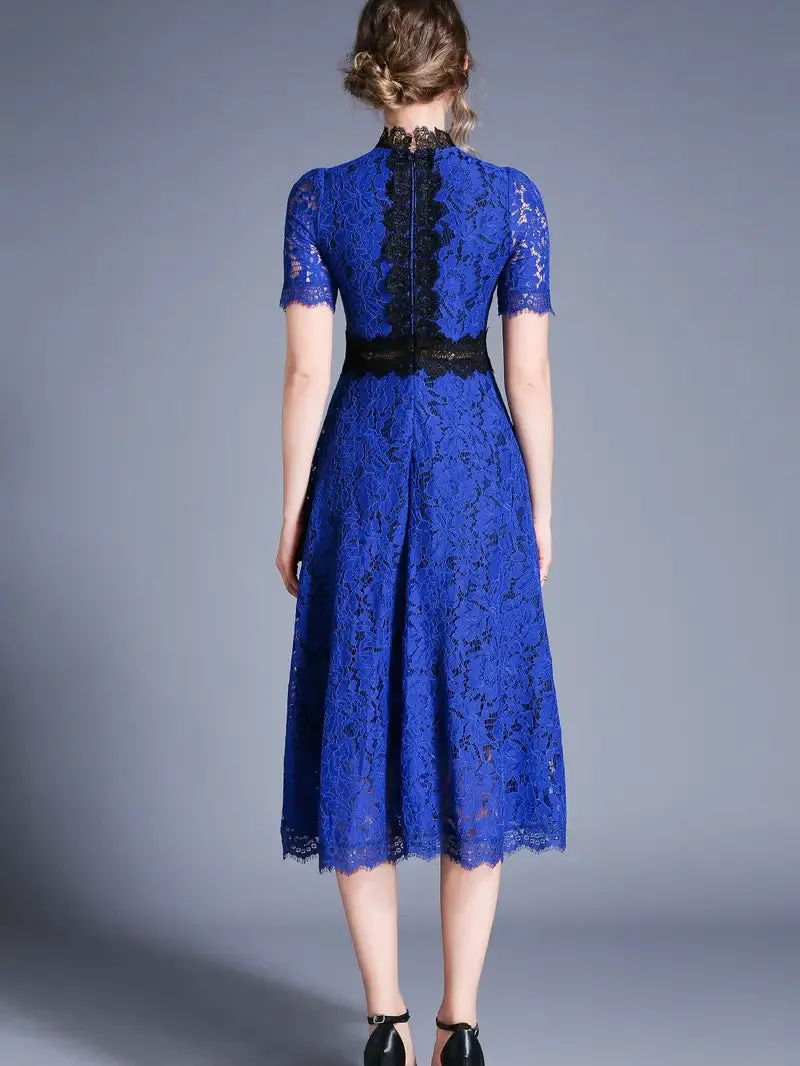 Short Sleeve Mock Neck Burgundy Lace Dress
