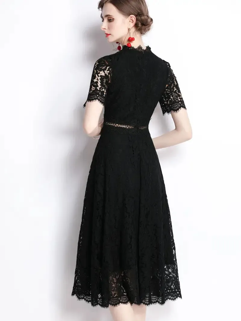 Short Sleeve Mock Neck Burgundy Lace Dress