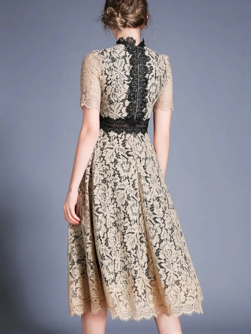 Short Sleeve Mock Neck Burgundy Lace Dress