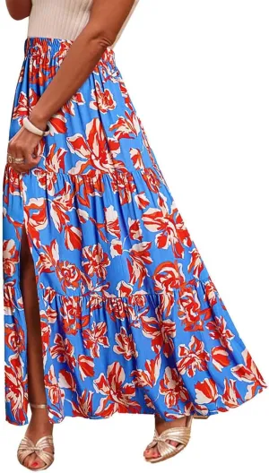 Skirts for Women Boho Floral Print Maxi Skirts Plus Size Side Slit Flowy Skirt Midi Length Chiffon Dress with Pockets