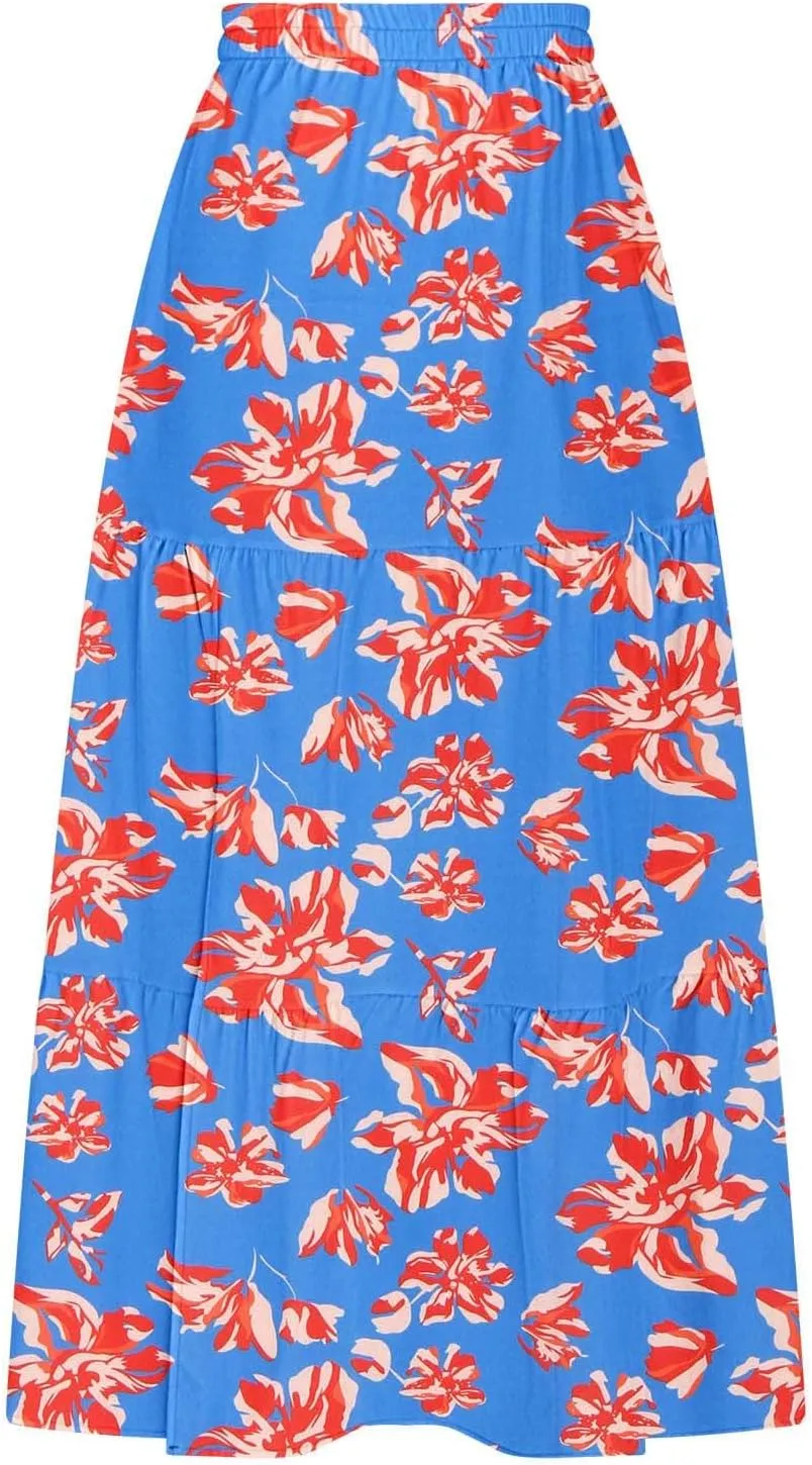 Skirts for Women Boho Floral Print Maxi Skirts Plus Size Side Slit Flowy Skirt Midi Length Chiffon Dress with Pockets