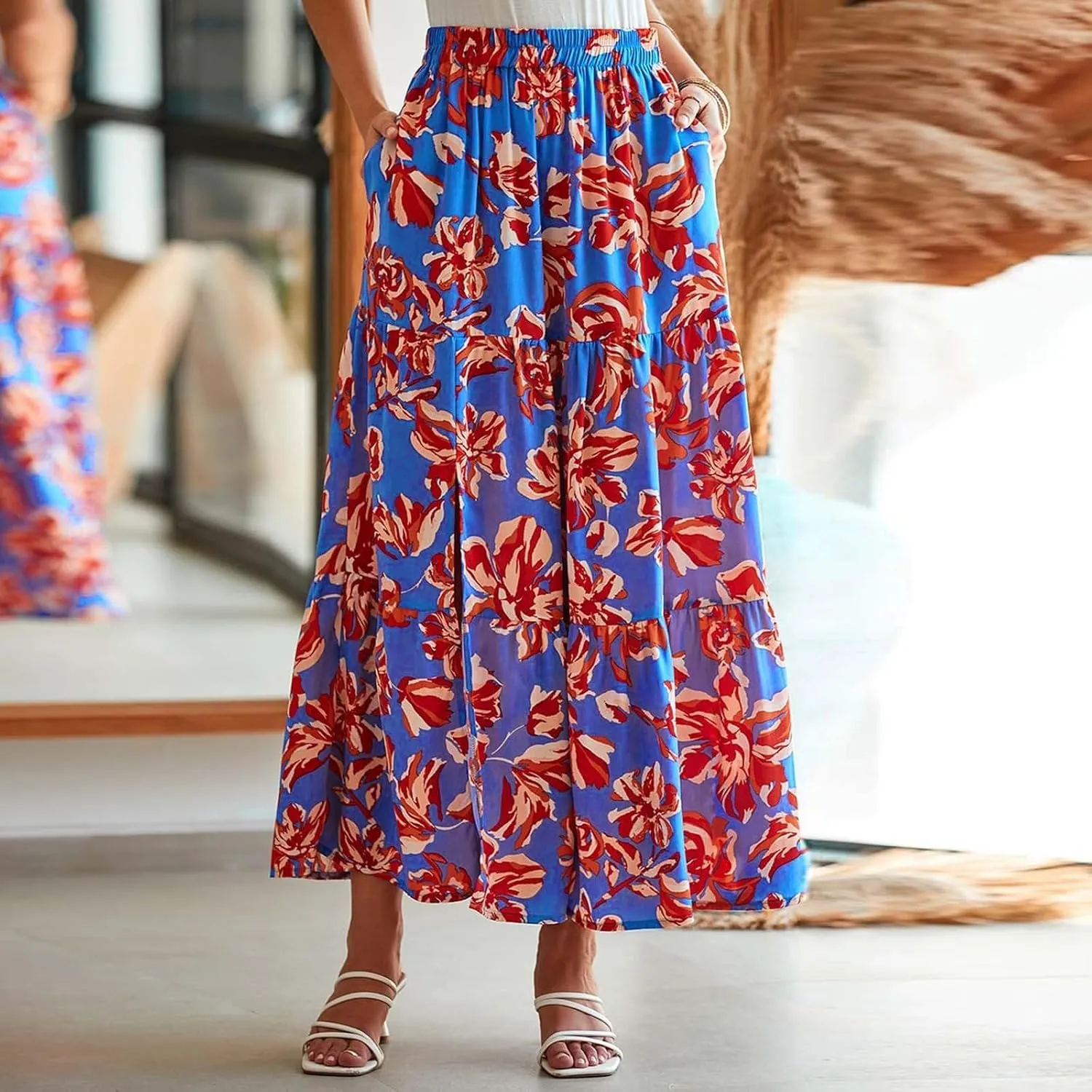 Skirts for Women Boho Floral Print Maxi Skirts Plus Size Side Slit Flowy Skirt Midi Length Chiffon Dress with Pockets