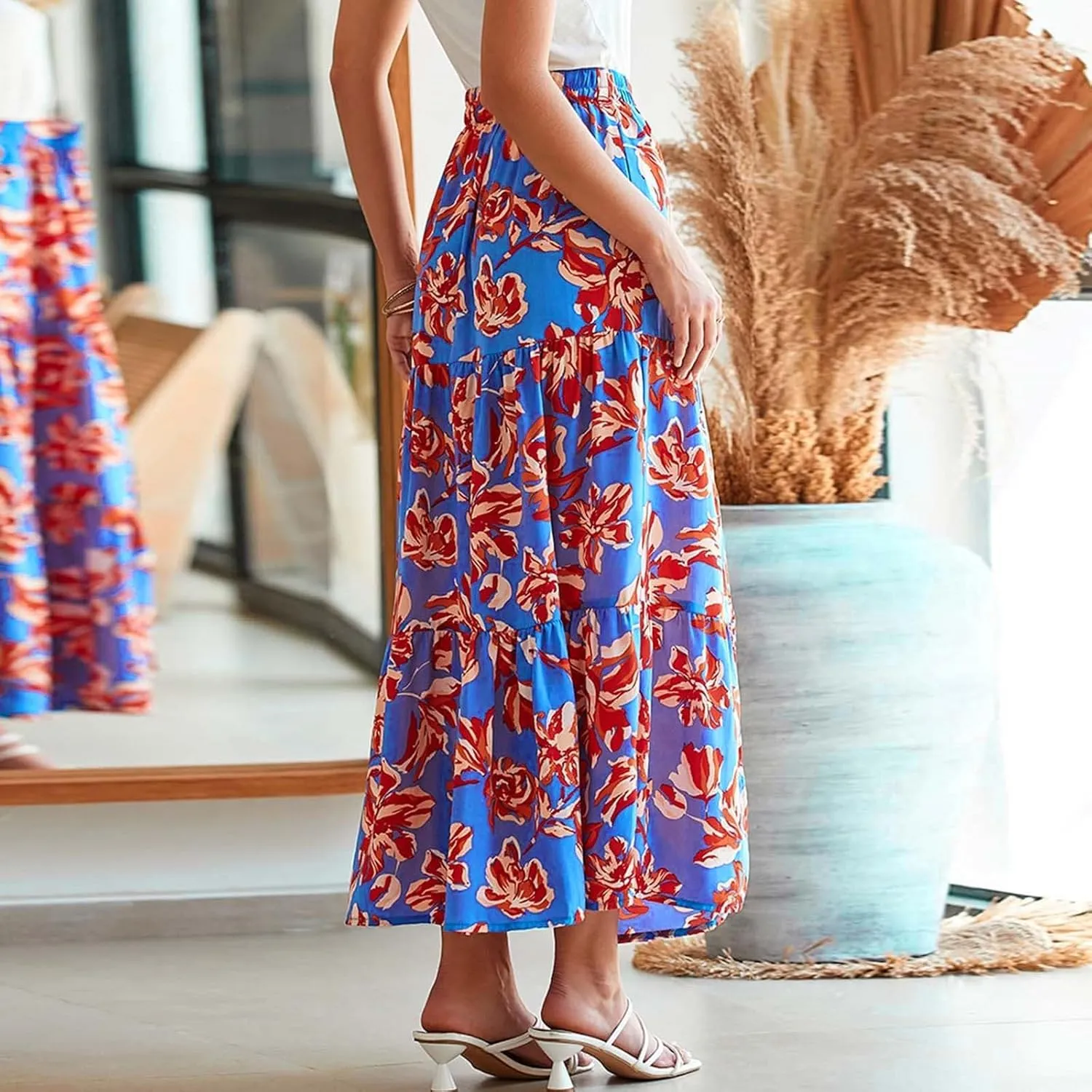 Skirts for Women Boho Floral Print Maxi Skirts Plus Size Side Slit Flowy Skirt Midi Length Chiffon Dress with Pockets