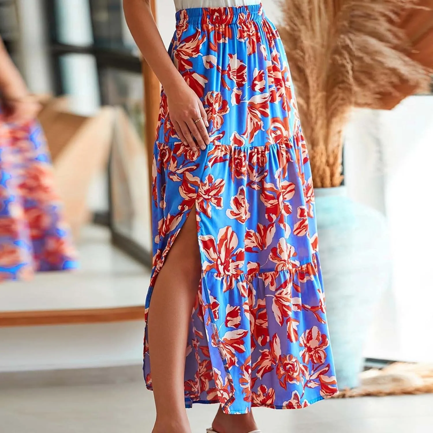 Skirts for Women Boho Floral Print Maxi Skirts Plus Size Side Slit Flowy Skirt Midi Length Chiffon Dress with Pockets