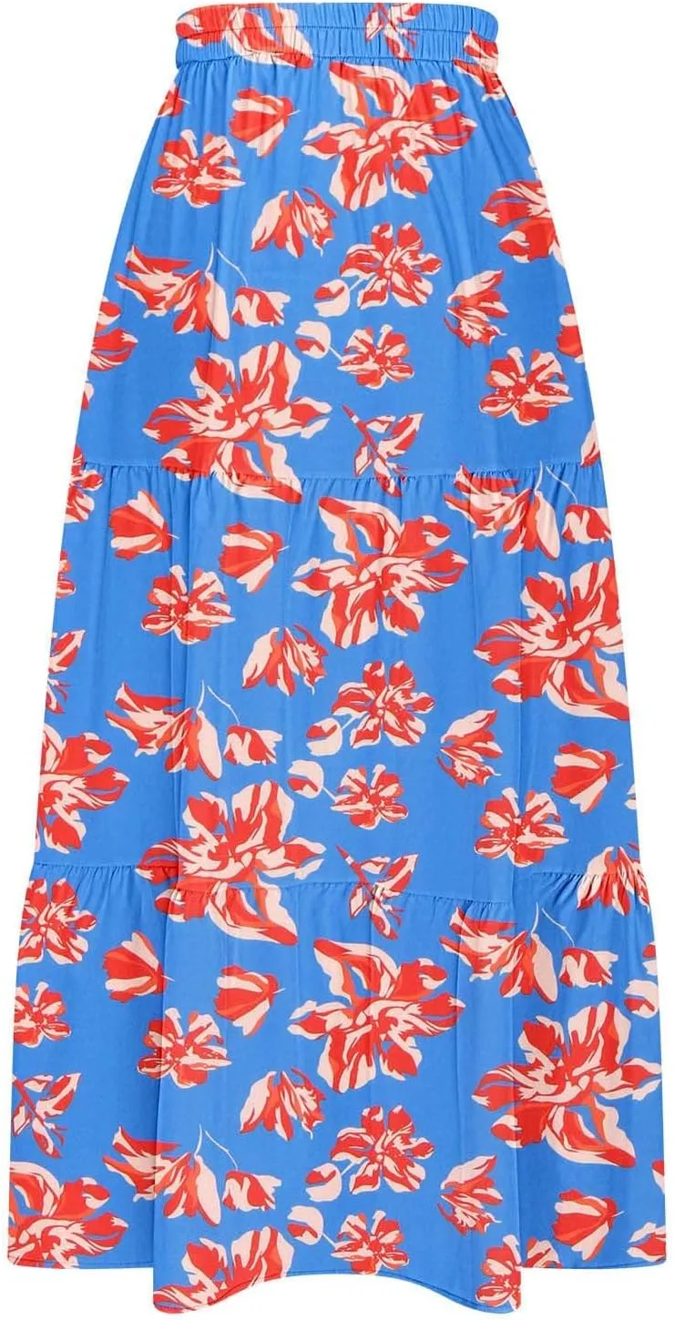 Skirts for Women Boho Floral Print Maxi Skirts Plus Size Side Slit Flowy Skirt Midi Length Chiffon Dress with Pockets