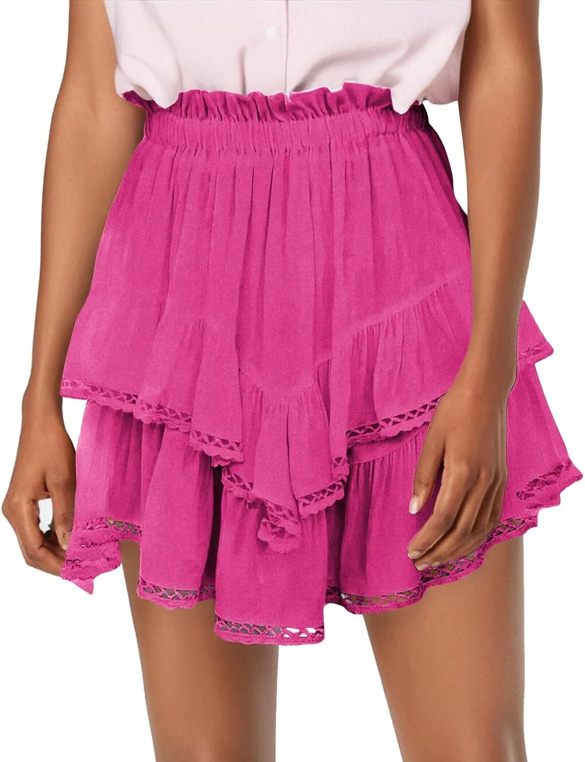 Skirts for Women Lace Pleated Ruffles Asymmetrical Flowy Skirt Elastic Waist Summer Beach Casual Mini Skirt