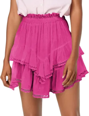 Skirts for Women Lace Pleated Ruffles Asymmetrical Flowy Skirt Elastic Waist Summer Beach Casual Mini Skirt