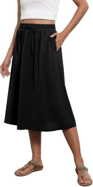 Skirts for Work Summer Drawstring Elastic High Waist Midi Skirt Elegant A-Line Pleated Skirts Below Knee with Pockets