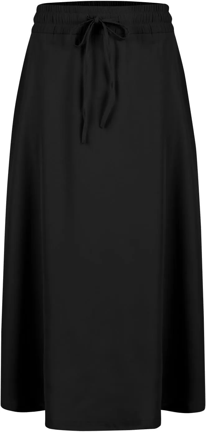 Skirts for Work Summer Drawstring Elastic High Waist Midi Skirt Elegant A-Line Pleated Skirts Below Knee with Pockets