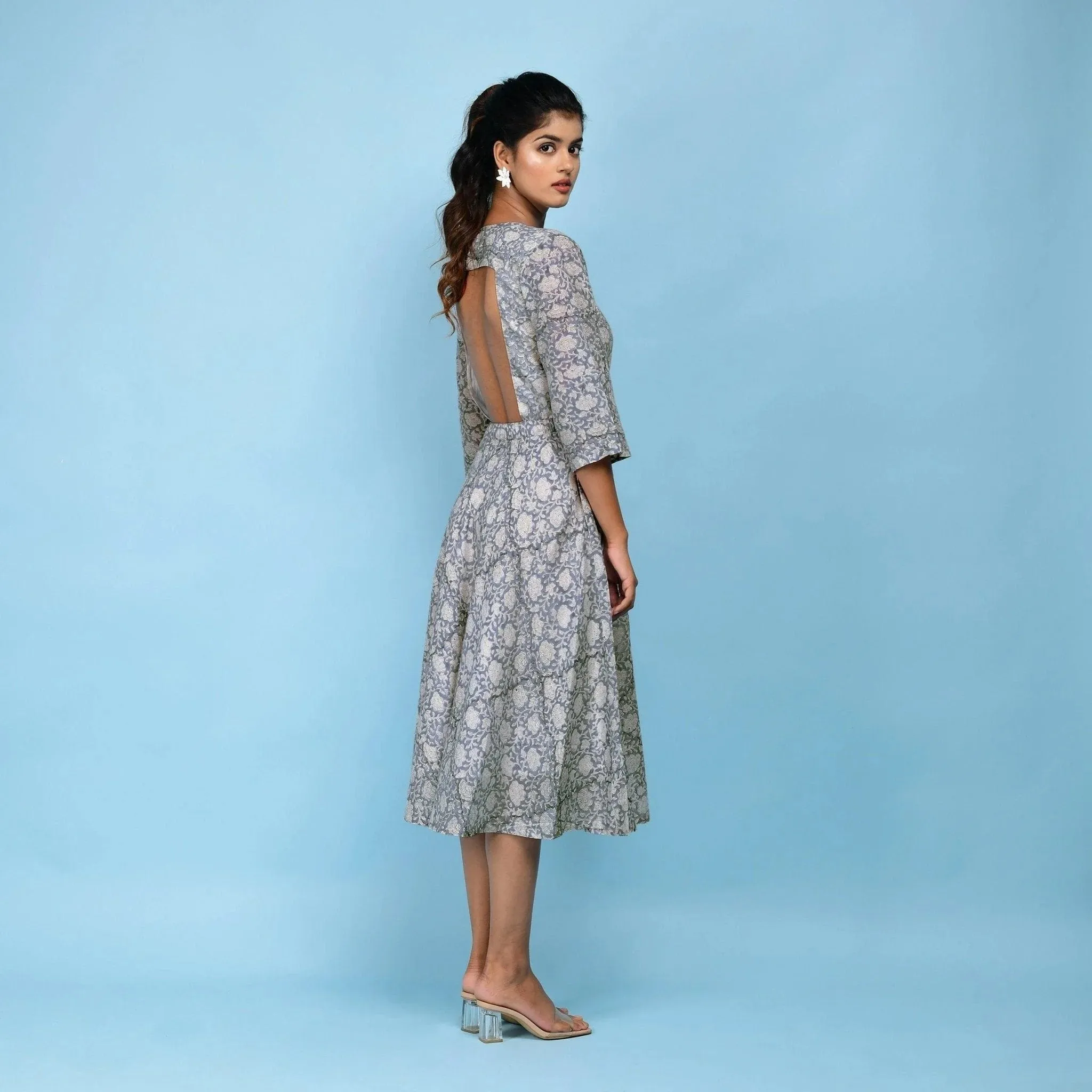 Slate Blue Block Printed Cotton Midi Dress