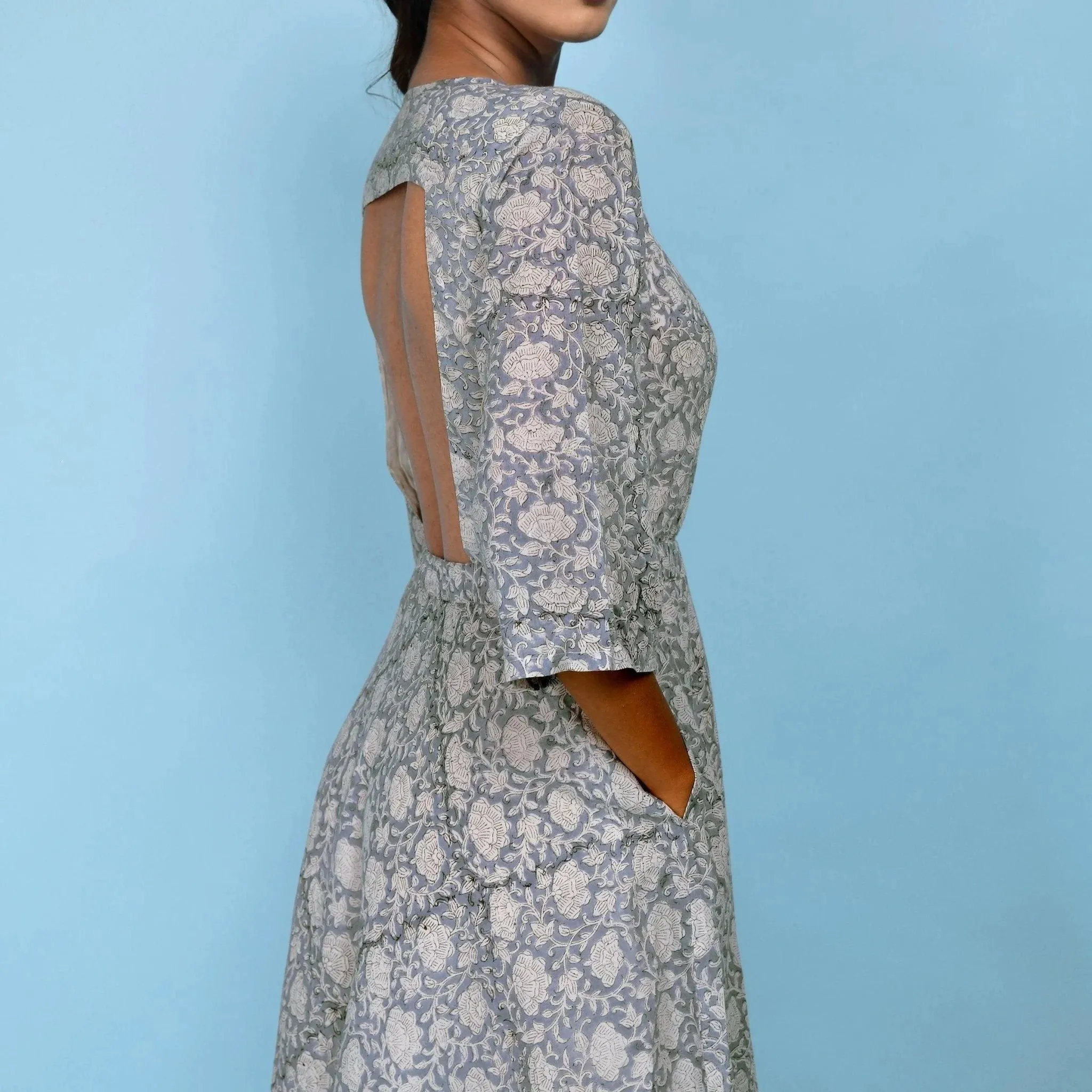 Slate Blue Block Printed Cotton Midi Dress