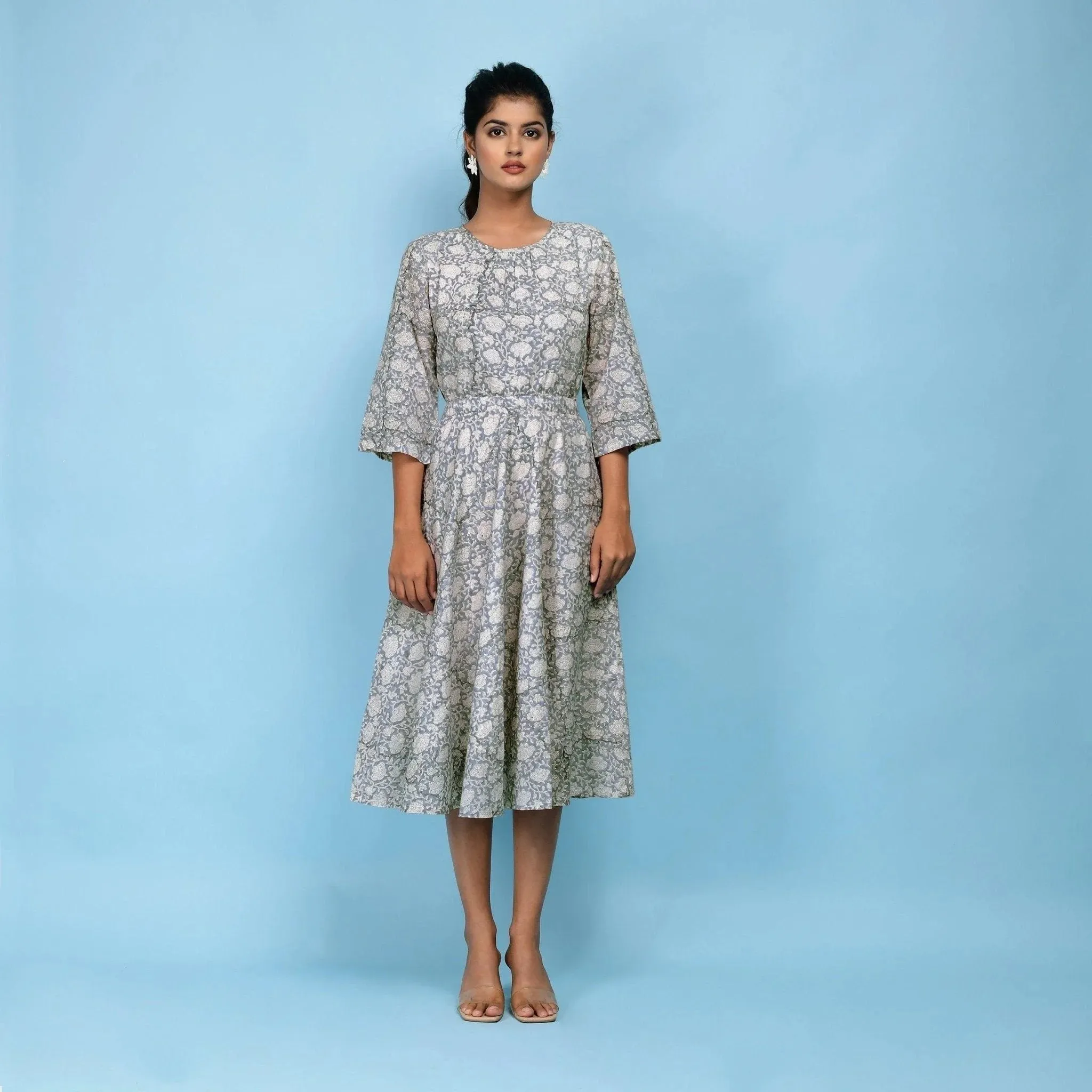 Slate Blue Block Printed Cotton Midi Dress
