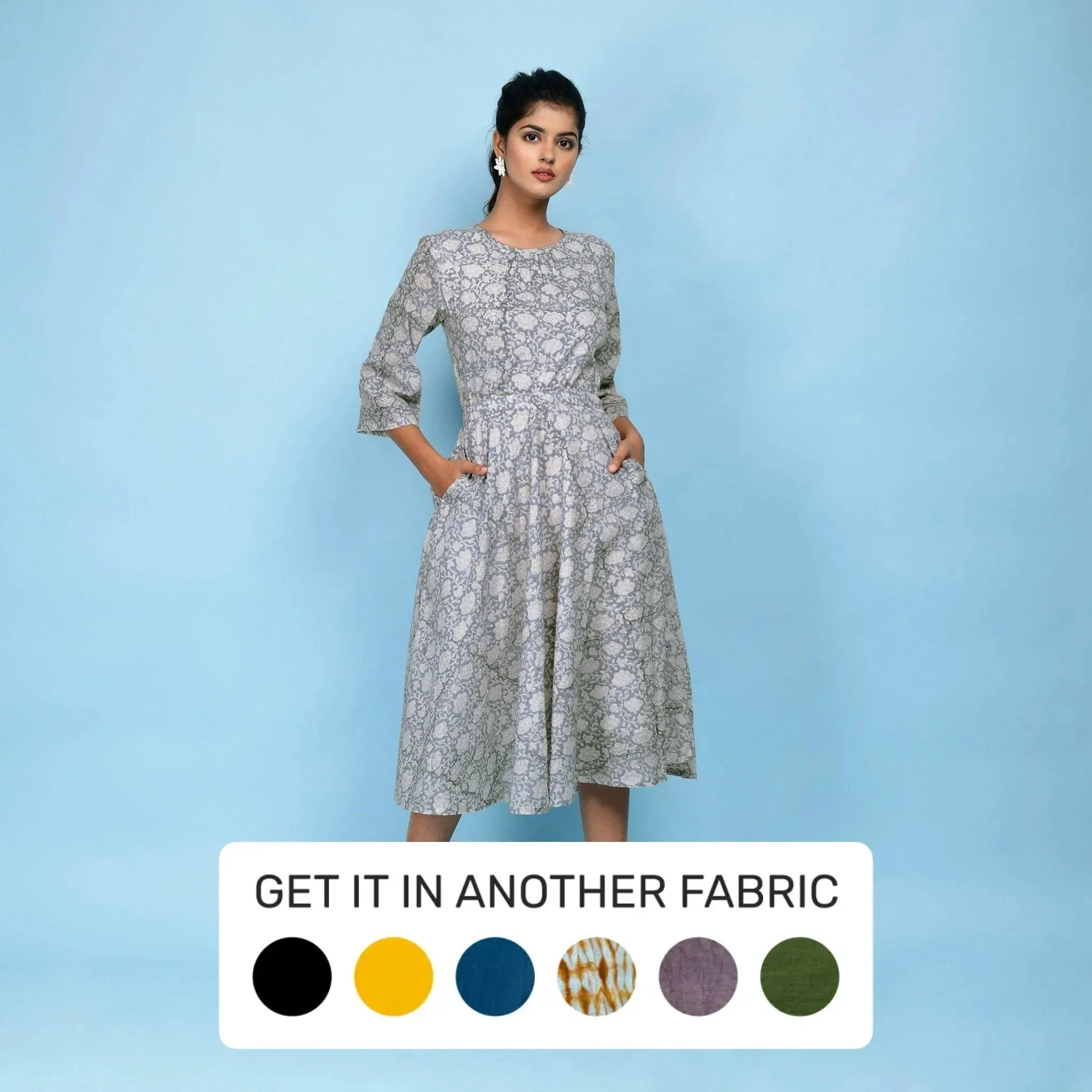 Slate Blue Block Printed Cotton Midi Dress