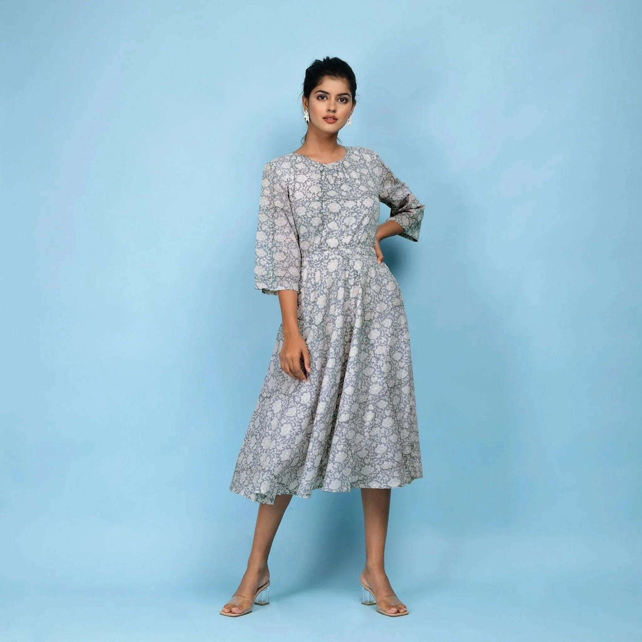 Slate Blue Block Printed Cotton Midi Dress