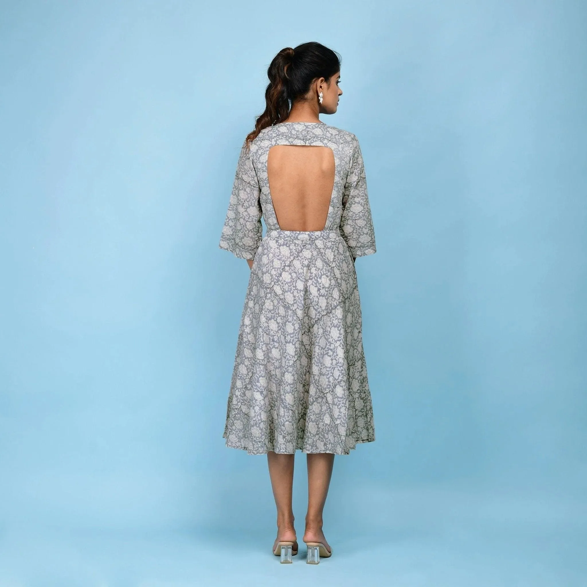 Slate Blue Block Printed Cotton Midi Dress