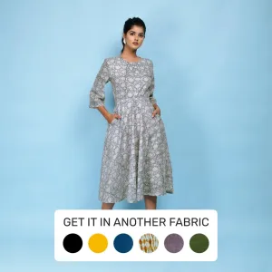 Slate Blue Block Printed Cotton Midi Dress
