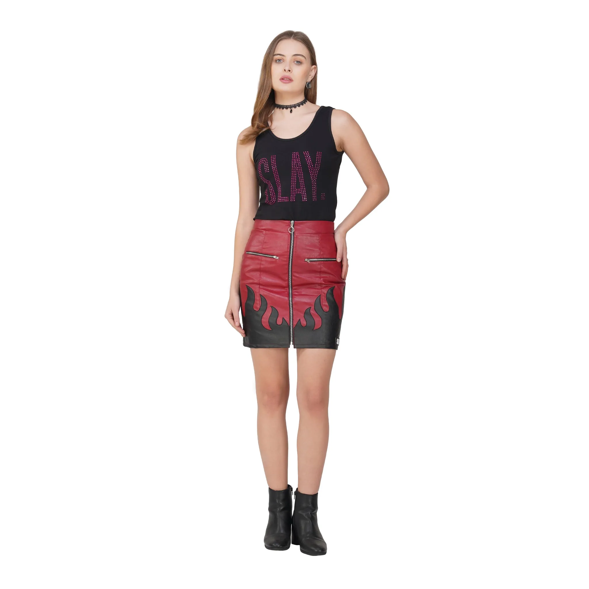 SLAY. Women's Pink Crystal Embellished Black Tank Top