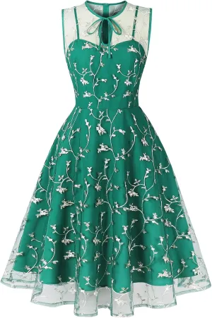 Sleeveless Floral Embroidery Dress for Women Flower Embroidery Tulle Prom Dress Mesh Illusion Keyhole Wedding Party Tea Dress