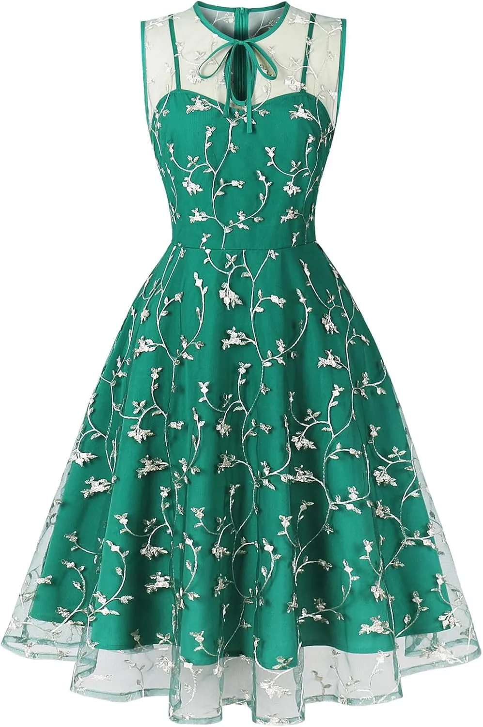 Sleeveless Floral Embroidery Dress for Women Flower Embroidery Tulle Prom Dress Mesh Illusion Keyhole Wedding Party Tea Dress
