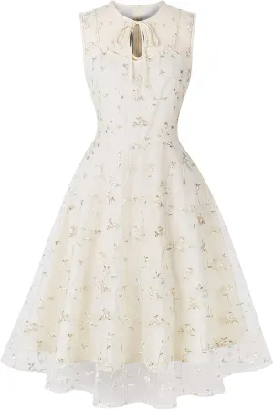 Sleeveless Floral Embroidery Dress for Women Flower Embroidery Tulle Prom Dress Mesh Illusion Keyhole Wedding Party Tea Dress